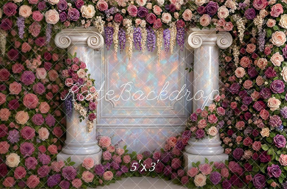 Kate Valentines Flower Wall Opal Columns Roses Backdrop Designed by Mini MakeBelieve