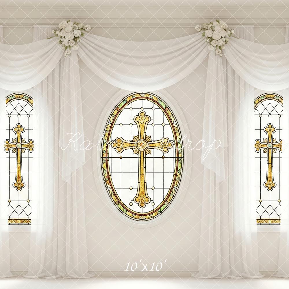 TEST Kate Stained Glass Cross Window White Drapes Floral Backdrop Designed by Patty Roberts