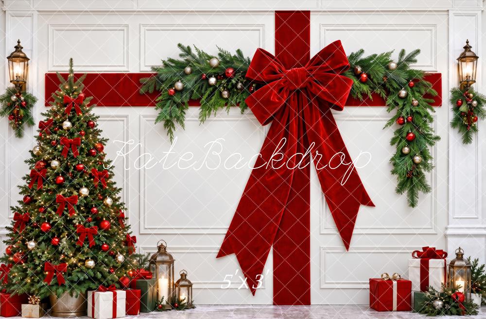 Kate Christmas Tree Red Bow Garland White Wall Gift Printed Backdrop Designed by Patty Roberts