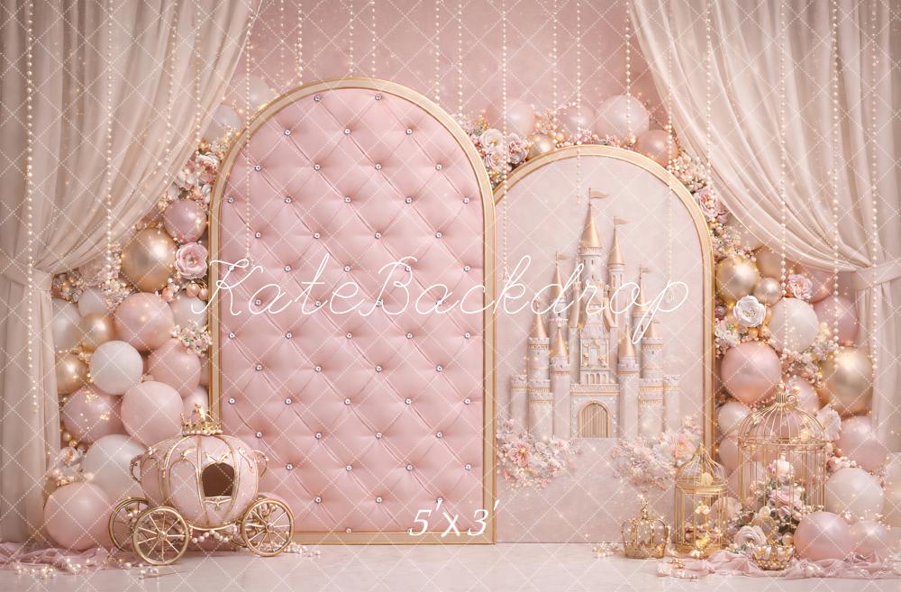 Kate Birthday Fairy Pink Princess Castle Carriage Balloon Printed Backdrop Designed by Ashley Paul