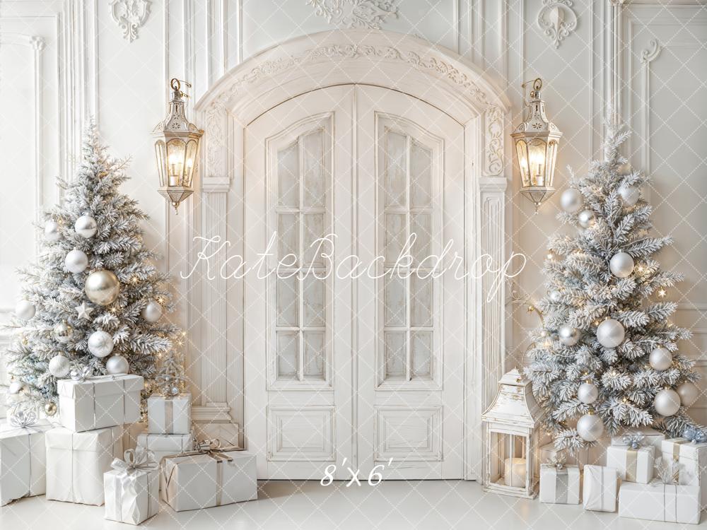 Kate Christmas White Door Frosted Trees Presents Lanterns Backdrop Designed by Emetselch