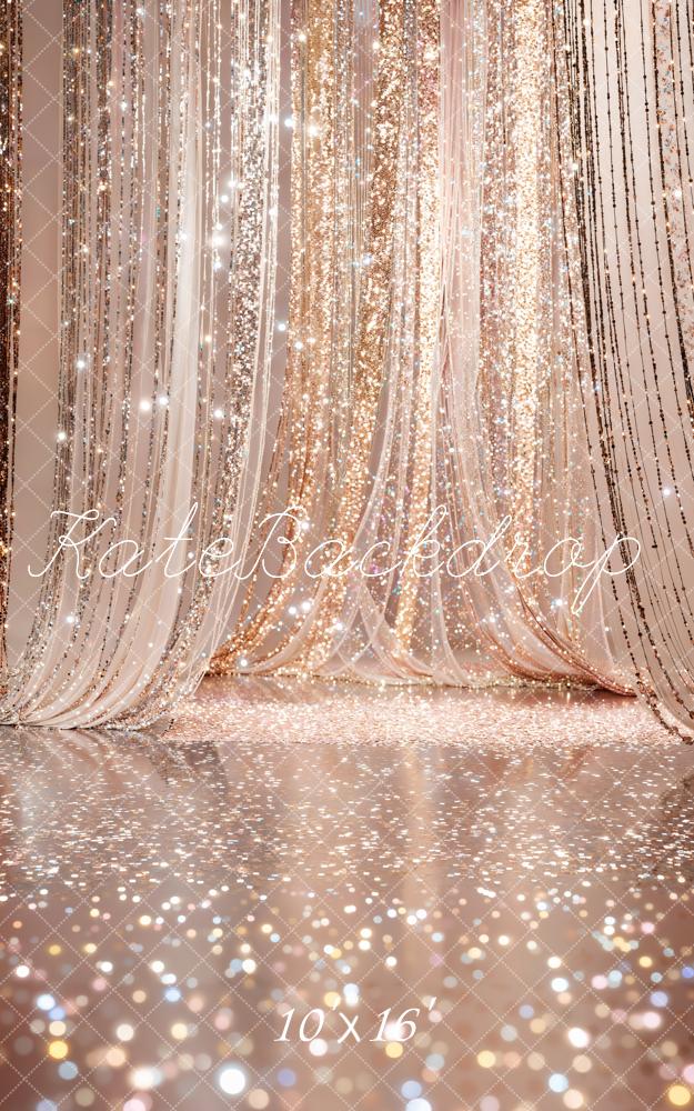 Kate Sweep Gold Glitter Curtain Bokeh Floor Printed Backdrop Designed by Emetselch