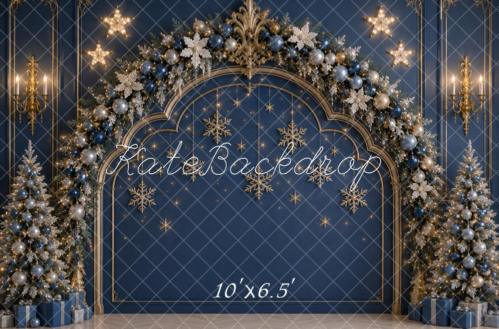 Kate Christmas Headboard Blue Gold Snowflake Tree Arch Printed Backdrop Designed by Caitlin Lynch