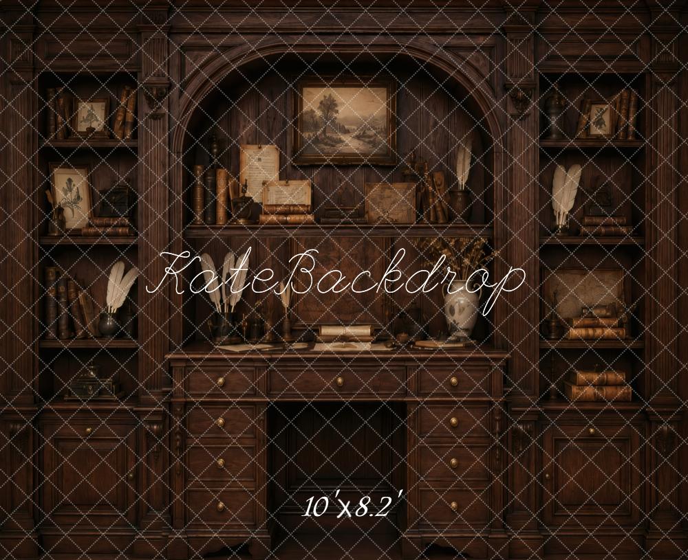 Kate Vintage Dark Wood Bookshelves Desk Cabinet Printed Backdrop Designed by Vertigo Productions