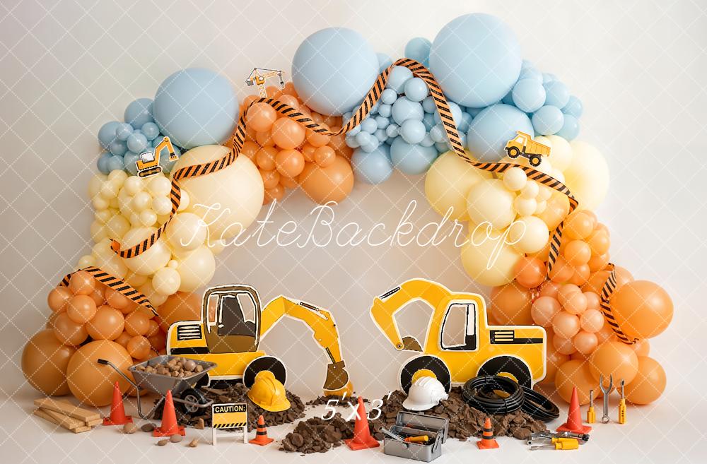 Kate Cake Smash Construction Trucks Balloon Arch Tools Printed Backdrop Designed by Emetselch