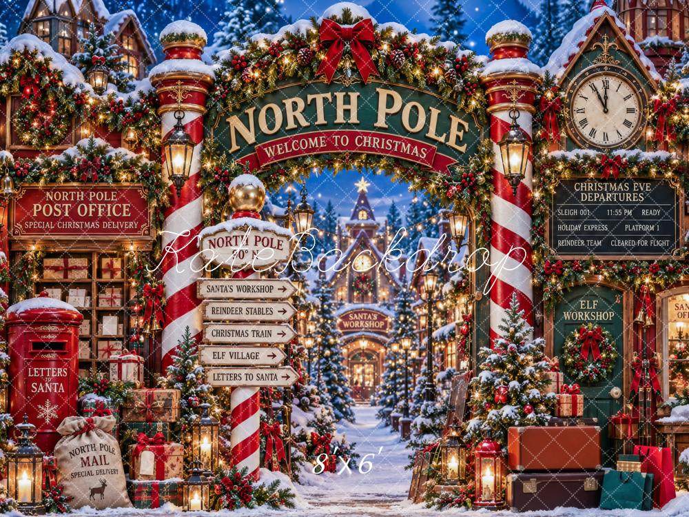 Kate Christmas North Pole Entrance Archway Snowy Workshop Printed Backdrop Designed by Patty Roberts