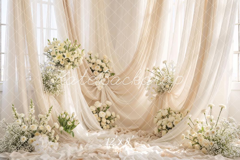 Kate Wedding Cream Drapes White Flowers Printed Backdrop Designed by Mini MakeBelieve