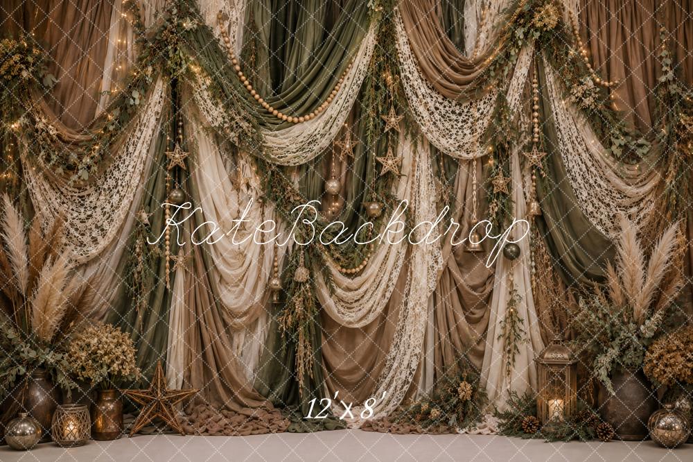 Kate Christmas Boho Lace Draped Greenery Printed Backdrop Printed Backdrop Designed by Ashley Paul