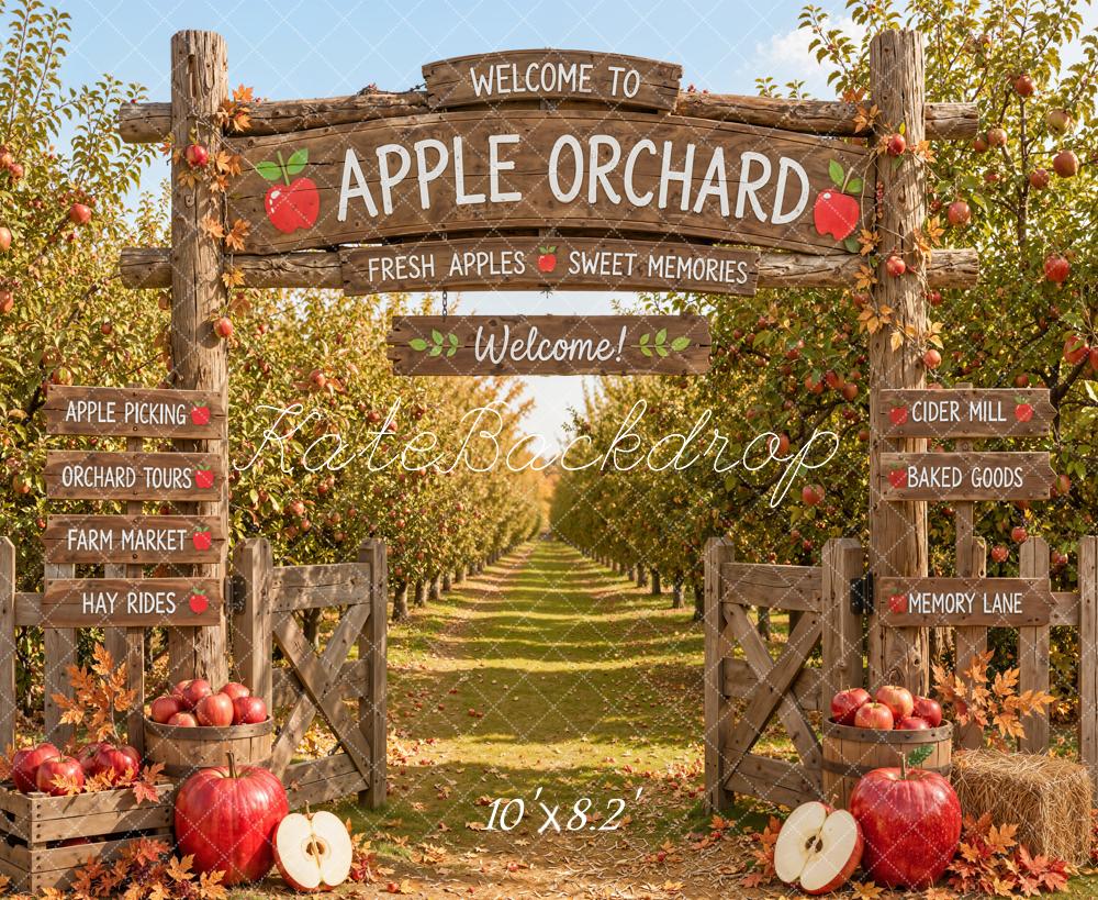 Kate Fall Apple Orchard Wooden Welcome Sign Apples Printed Backdrop Designed by Emetselch
