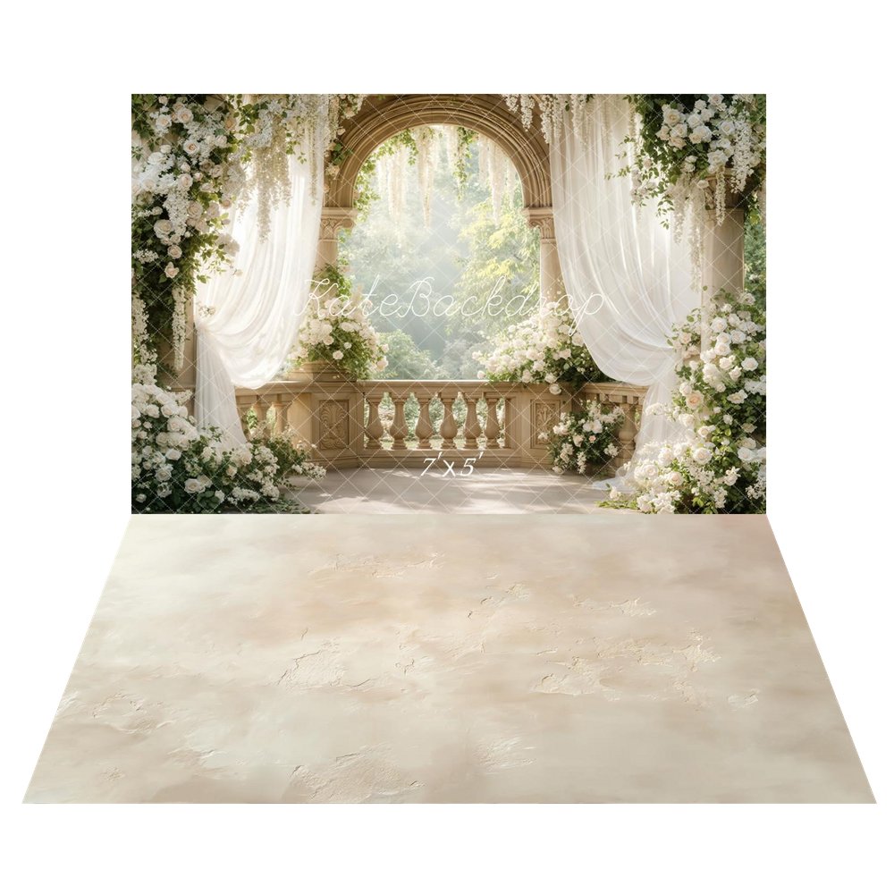 Kate Spring Flower Arch White Roses Draped Curtains Balcony Printed Backdrop+Beige Abstract Texture Printed Floor Backdrop