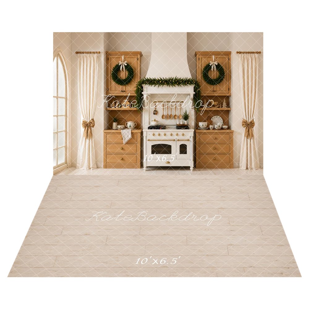 Kate Christmas Kitchen Garland Wreath Wood Cabinets Curtains Printed Backdrop+Beige Wood Plank Floor Printed Backdrop
