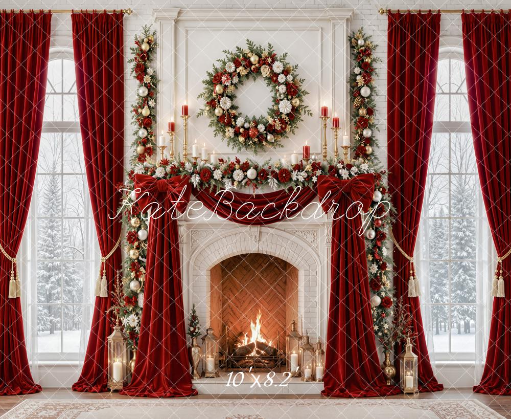 Kate Christmas Red Curtains Fireplace Wreath Garland Printed Backdrop Designed by Emetselch