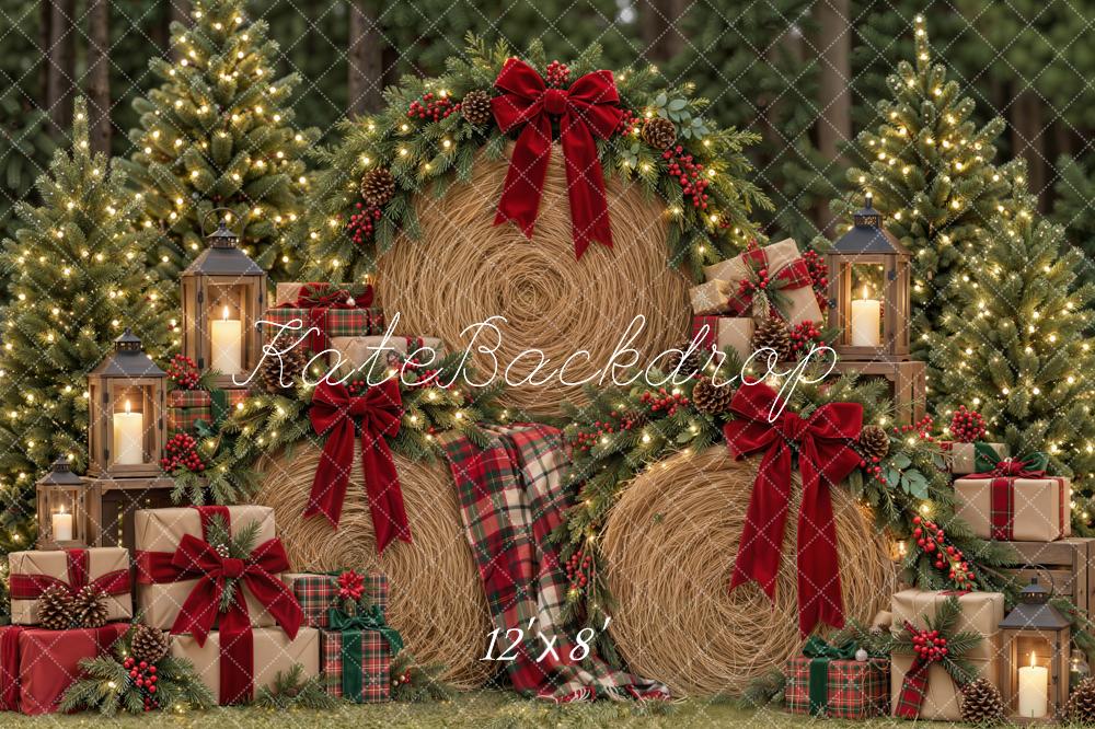 Kate Christmas Hay Bale Wreaths Red Bow Tartan Gifts Trees Printed Backdrop Designed by Emetselch