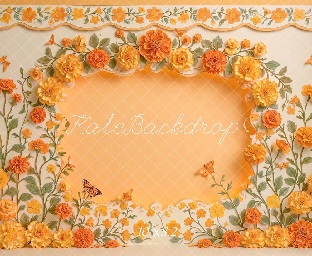 Kate Spring Marigold Wall Orange Flower Arch Butterflies Printed Backdrop Designed by Angela Miller