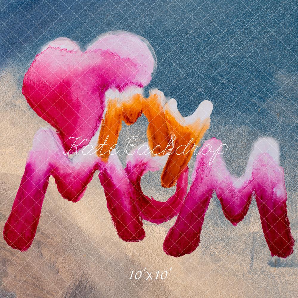 Kate Mother's Day Watercolor Mom Heart Text Blue Backdrop Designed by Fantasyphotoart