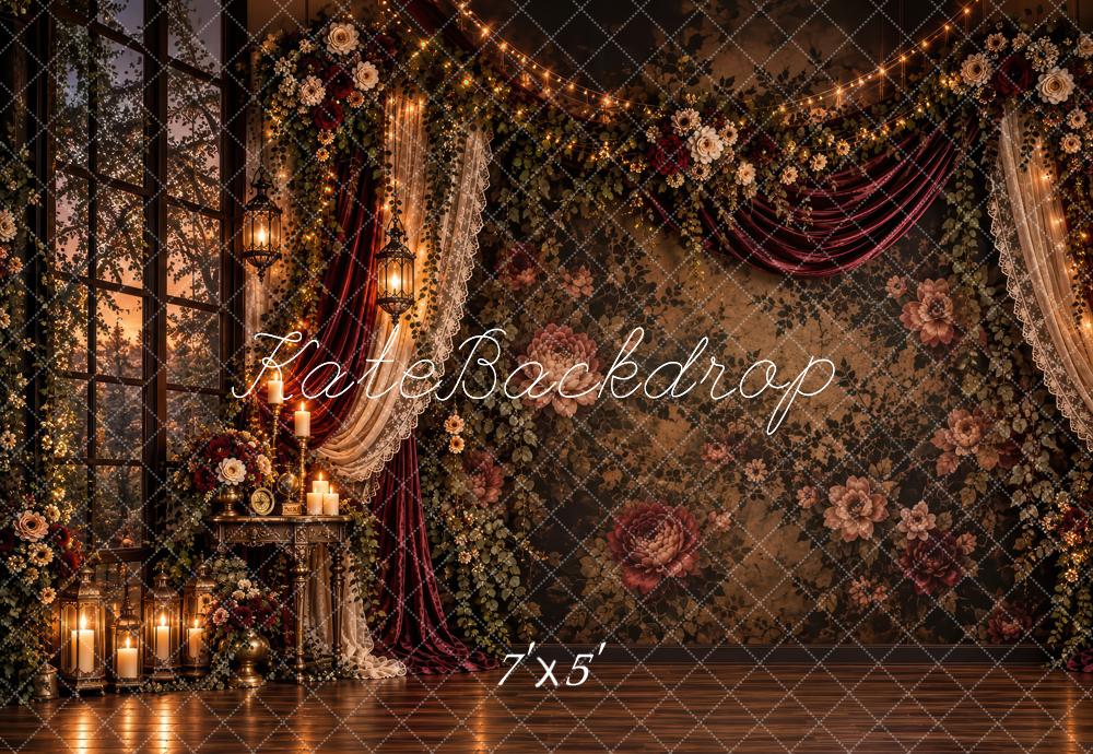 Kate Elegant Dark Brown Gothic Floral Candlelit Drapes Printed Backdrop Designed by Laura Bybee