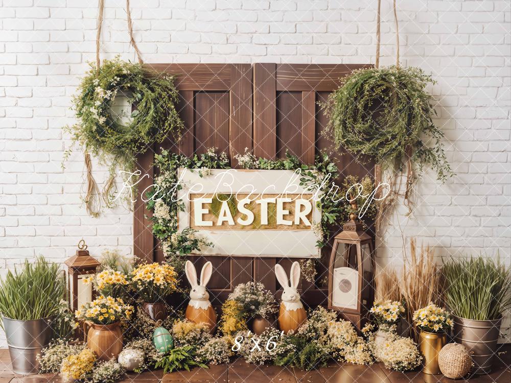 Easter Bunny Flowers Rustic Door Foto Achtergrond Designed by Emetselch
