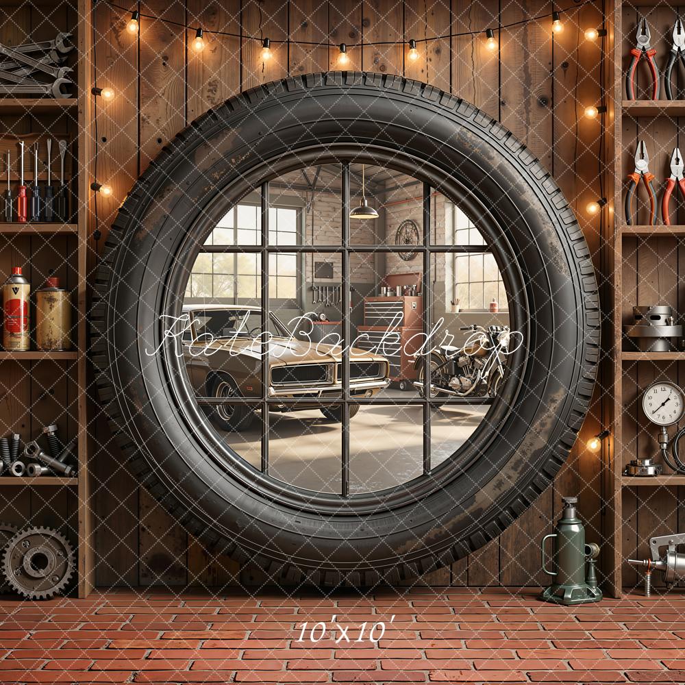 Kate Father's Day Garage Tire Window Tool Shelves Printed Backdrop Designed by Emetselch