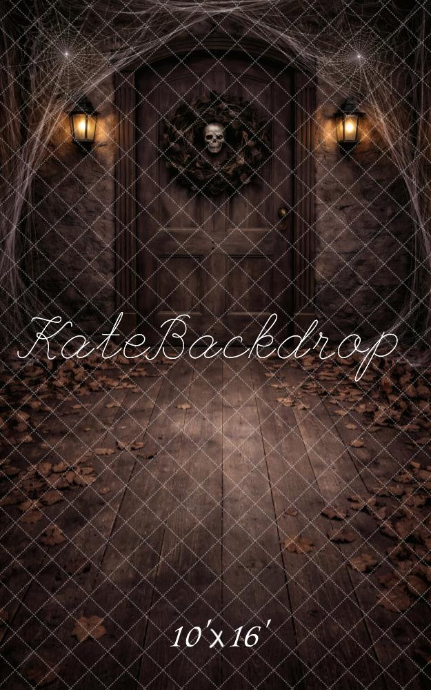 Kate Sweep Halloween Door Skull Wreath Cobwebs Falling Leaves Printed Backdrop Designed by Vertigo Productions