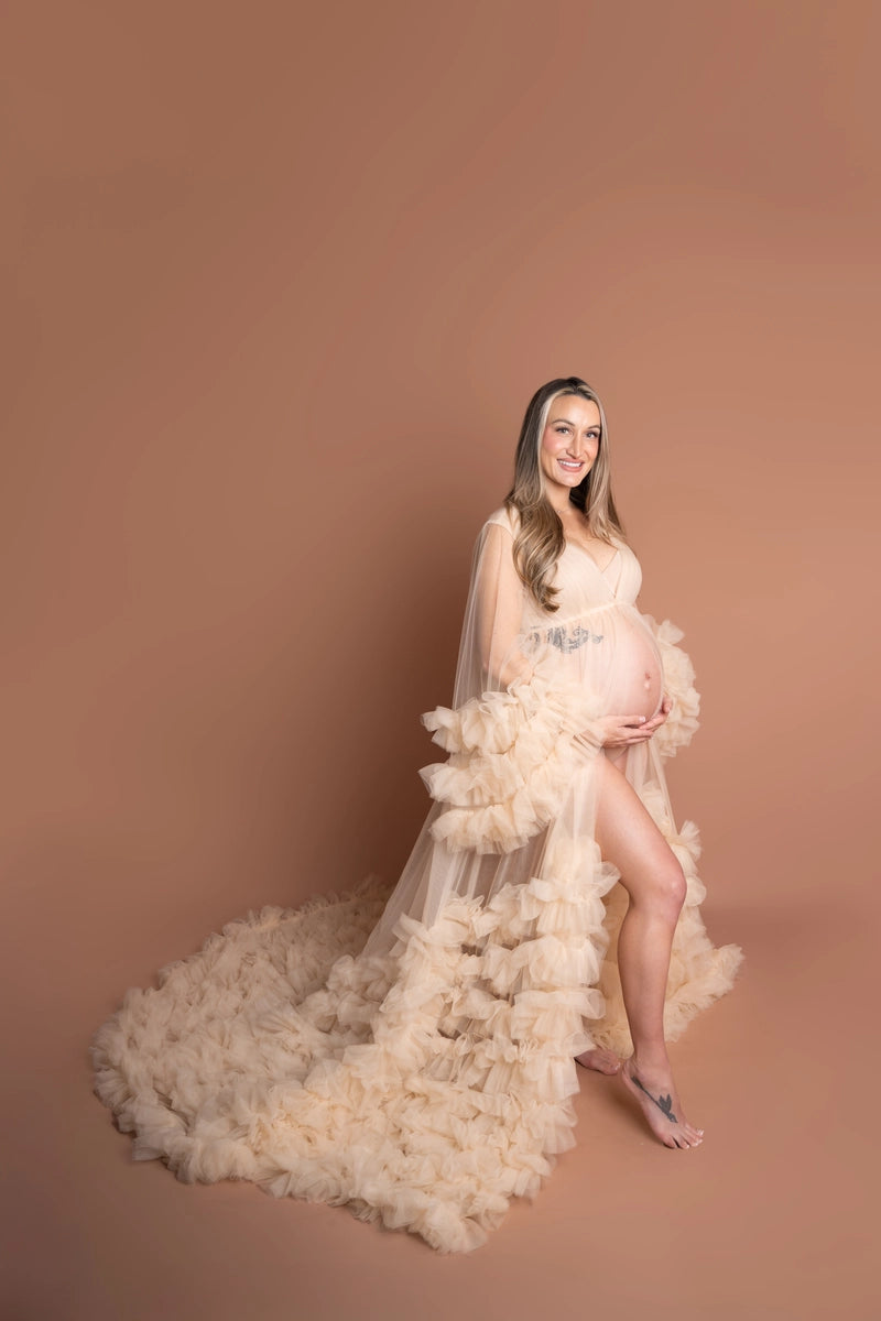 Kate Mesh V-neck Trailing Mid Sleeve Custom Maternity Photoshoot Gowns
