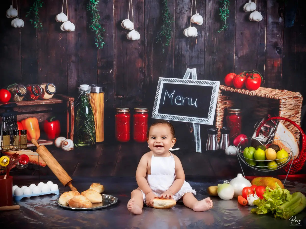 Kate Cake Smash Wood Kitchen Backdrop+Baby Outfit Chef Hat Apron