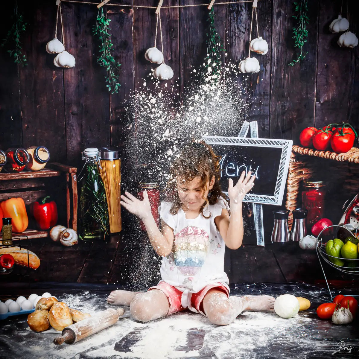 Cake Smash Houten Keuken Foto Achtergrond + Baby Outfit Chef's Hoed Schort
