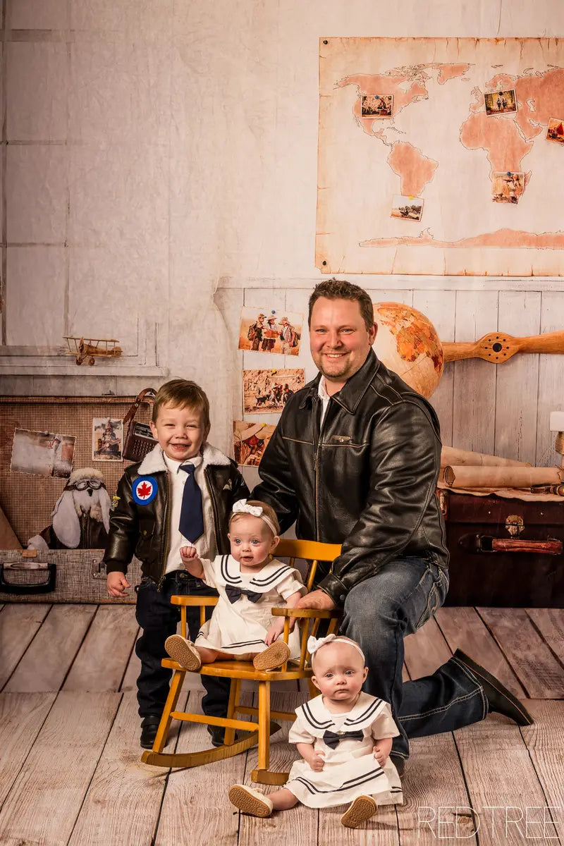 Kate Travel Adventurer Children Back to school Backdrop +Light Brown Wood Rubber Floor Mat