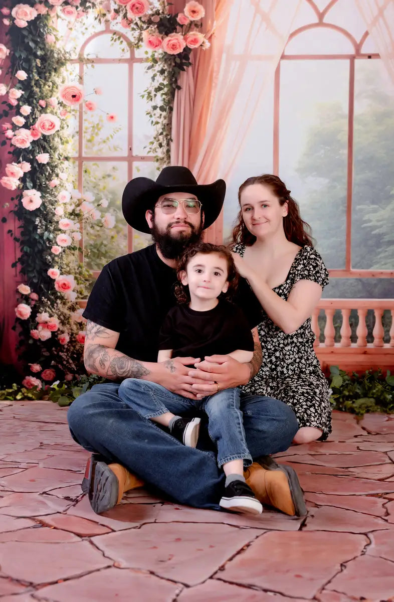 Kate Spring Pink Flowers Window Room Backdrop+Muddy Stone Floor Backdrop