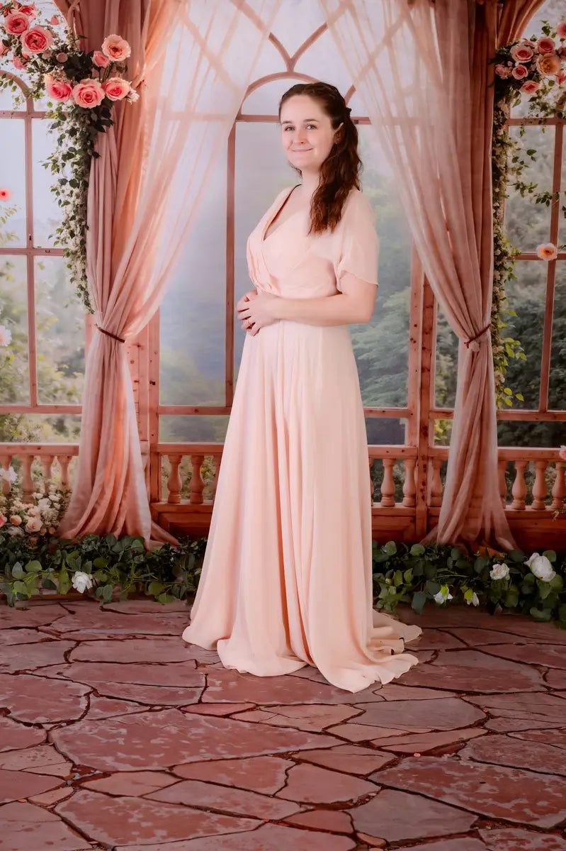 Kate Spring Pink Flowers Window Room Backdrop+Muddy Stone Floor Backdrop