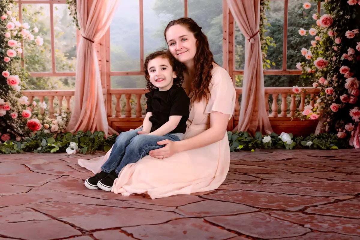 Kate Spring Pink Flowers Window Room Backdrop+Muddy Stone Floor Backdrop