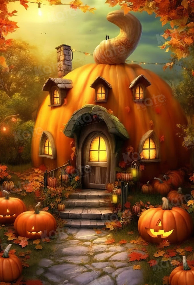Herfst Halloween Schattig Pompoenhuis Foto Achtergrond Ontworpen door Chain Photography