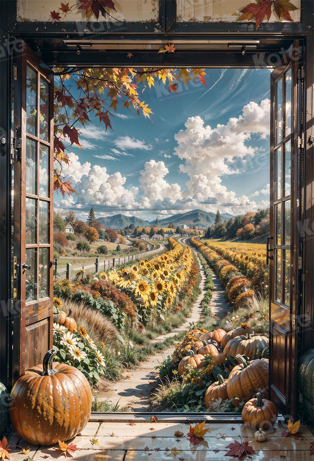 Fondo de puerta de girasoles de granja cielo azul de otoño para fotografía.