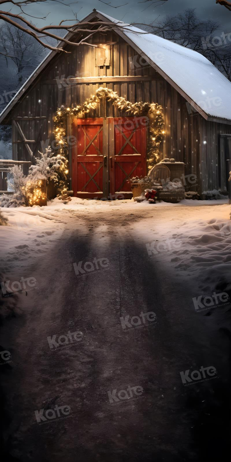 Kate Christmas Way to Red Barn Night Printed Backdrop for Photography