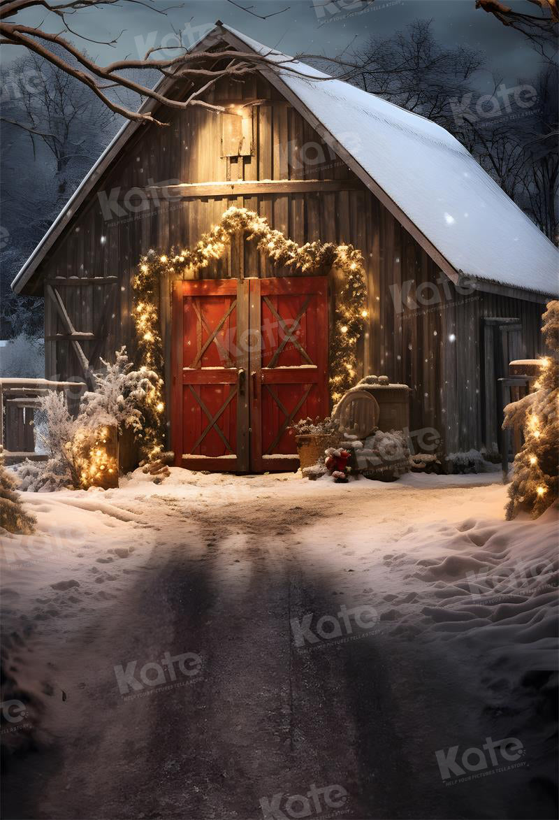 Kate Christmas Way to Red Barn Night Printed Backdrop for Photography