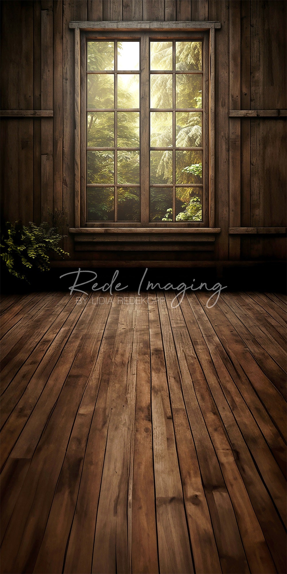 Kate Sweep Spring Forest Dark Wooden Cabin Window Backdrop Designed by Lidia Redekopp