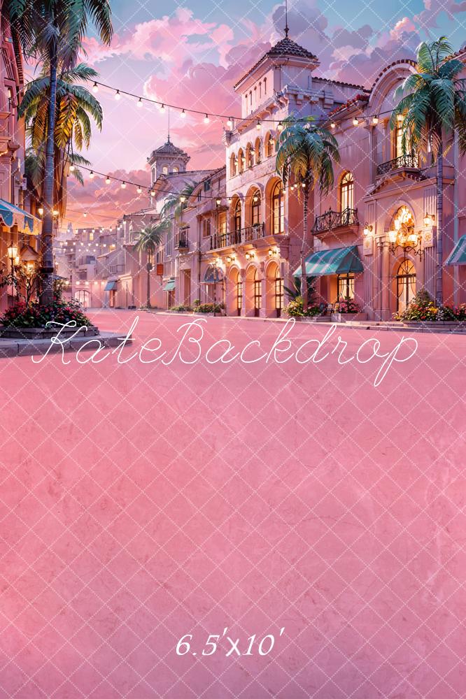 Kate Summer Sunset Tree Pink Cloud Street Shop Building Lamp Backdrop Backdrop Designed by Chain Photography