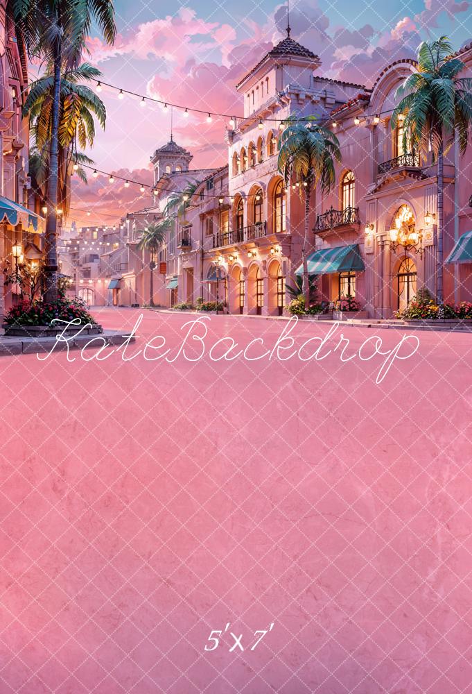 Kate Summer Sunset Tree Pink Cloud Street Shop Building Lamp Backdrop Backdrop Designed by Chain Photography