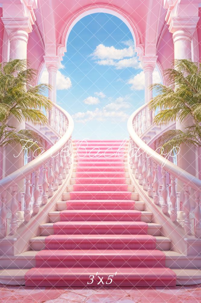 Vintage Pink Column Castle Staircase Green Tree Blue Sky White Cloud Backdrop Diseñado por Chain Photography