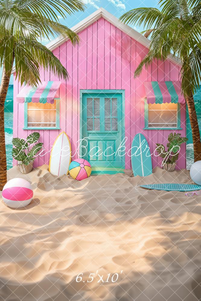 Kate Summer Sea Pink House Green Coconut Tree Surfboard Beach Ball Backdrop Designed by Chain Photography