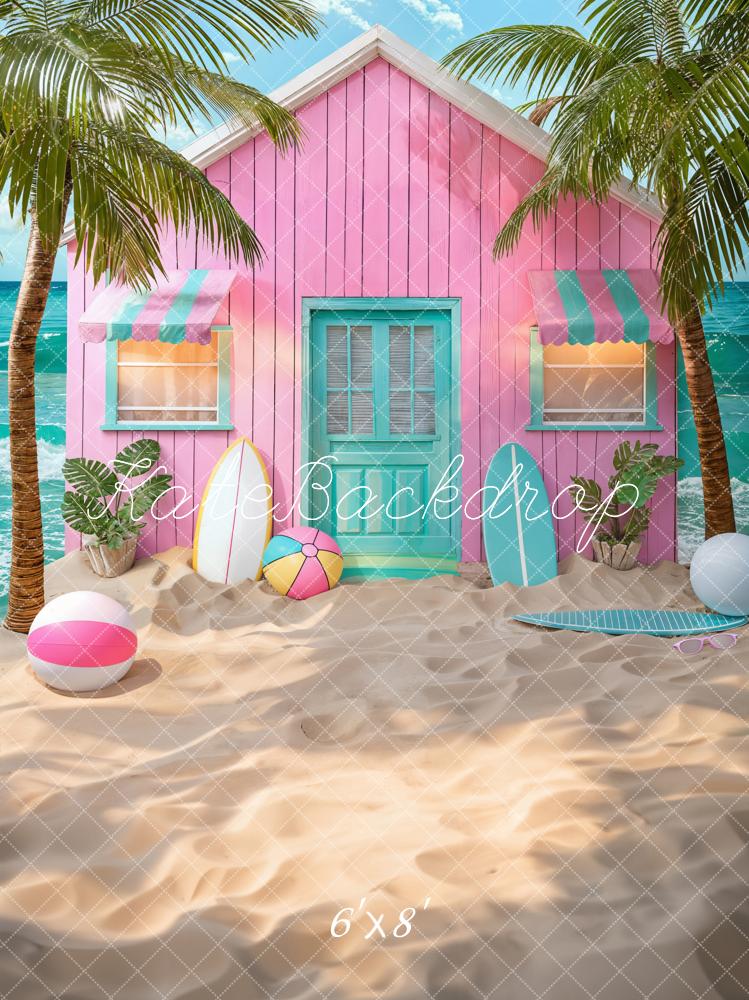 Kate Summer Sea Pink House Green Coconut Tree Surfboard Beach Ball Backdrop Designed by Chain Photography