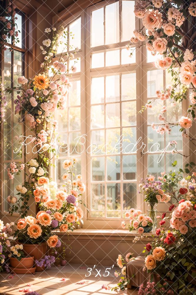 Kate Spring Sunshine Indoor Purple and Pink Flower Arch Glass Window Backdrop Designed by Emetselch