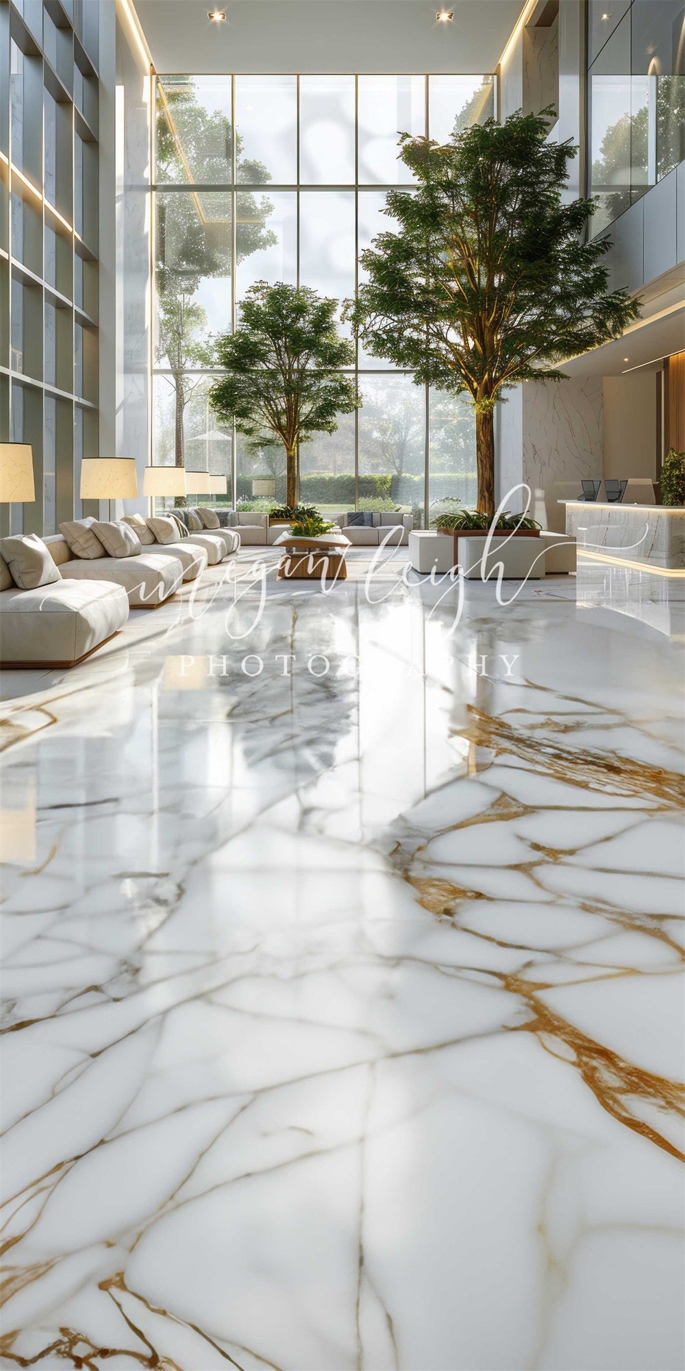 Kate Sweep Modern Bright White Marble Office Lobby Printed Backdrop Designed by Megan Leigh Photography