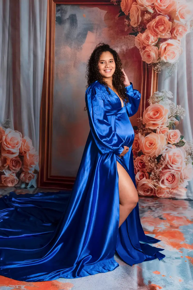 Kate Long Sleeve Satin Blue Custom Maternity Photoshoot Gowns, XL / 114#-Navy Blue Kate Long Sleeve Satin Blue Custom Maternity Photoshoot Gowns, XL / 114#-Navy Blue