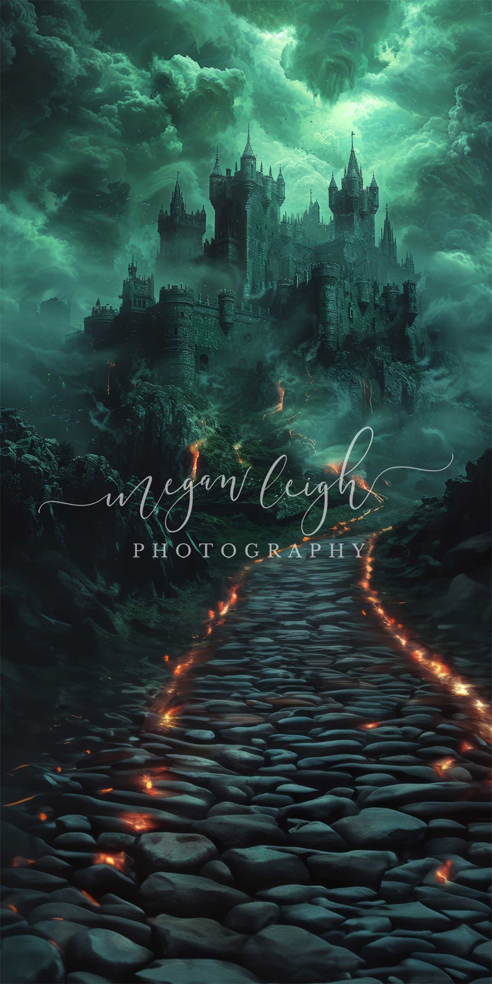 Kate Sweep Retro Dark Green Cloud Stone Road Black Wicked Witch Castle Backdrop Designed by Megan Leigh Photography