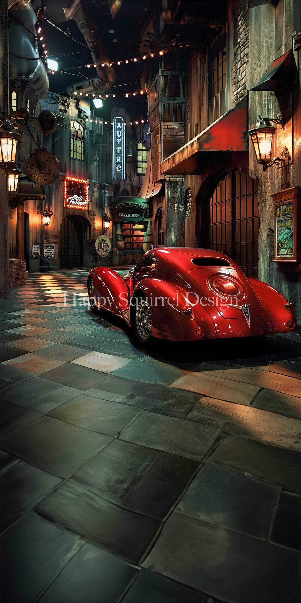 Kate Sweep Retro Night Automatic Street Shop Red Car Backdrop Designed by Happy Squirrel Design