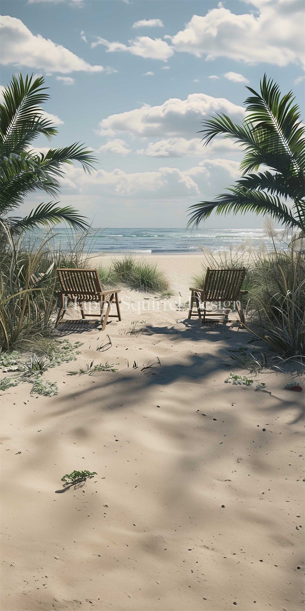 Zomer Zee Strand Groene Plant Bruin Houten Stoel Foto Achtergrond Ontworpen door Happy Squirrel Design