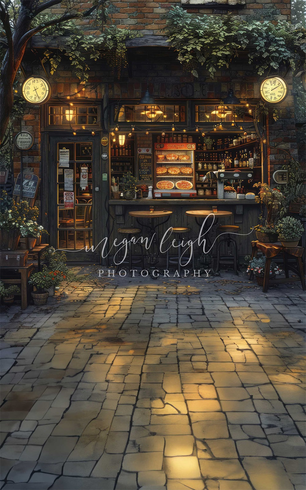Fondo de tienda tradicional de pizza de noche barrido oscuro diseñado por Megan Leigh Photography