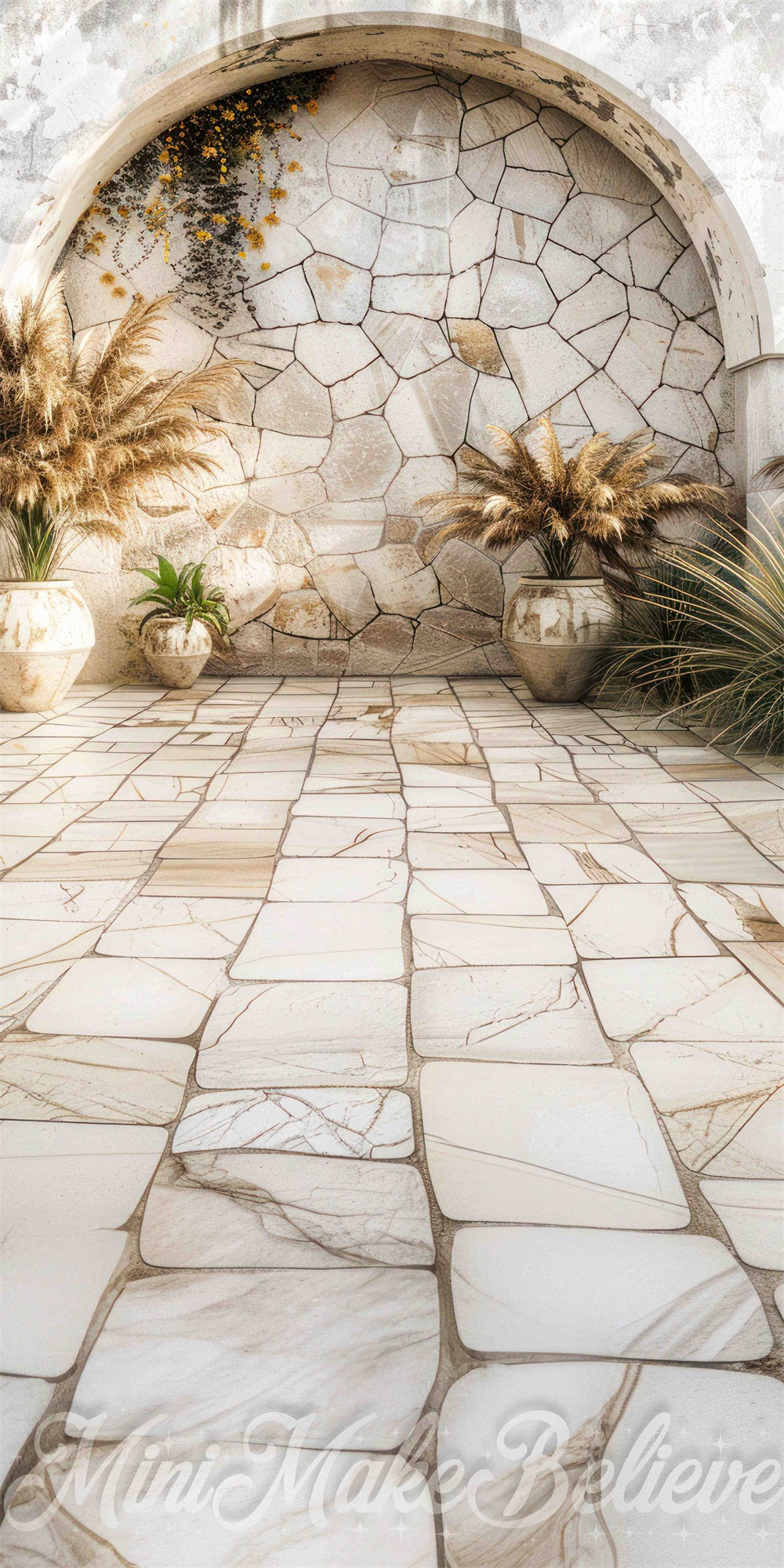 Kate Sweep Boho Yellow Flower Beige Stone Arch Wall Backdrop Designed by Mini MakeBelieve