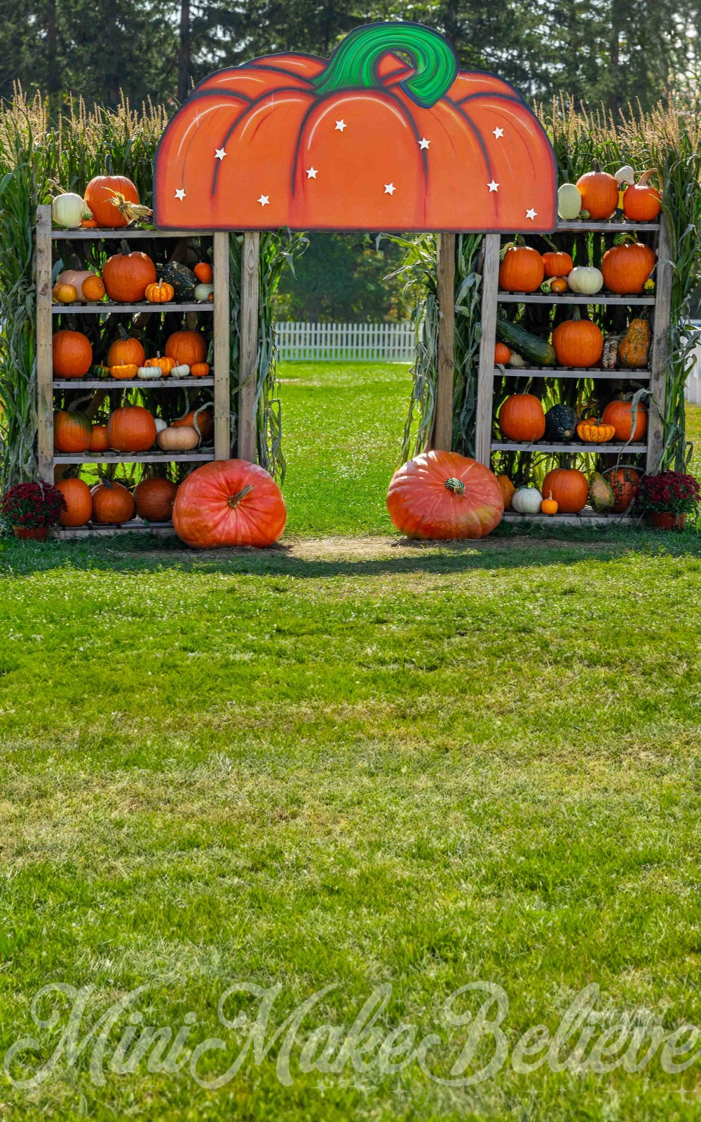 Fondo de casa de calabaza naranja y pradera verde del bosque al aire libre diseñado por Mini MakeBelieve