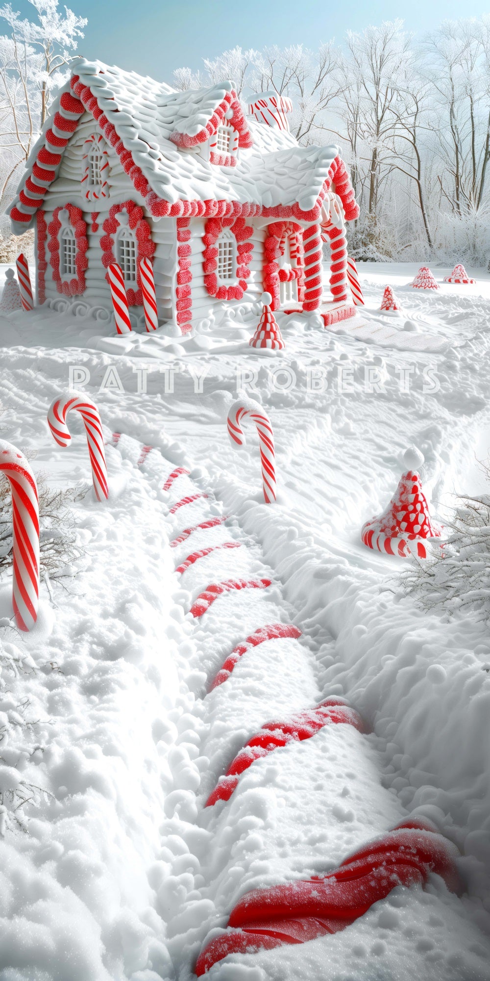 Fondo de casa cubierta de nieve navideña con camino de bastón de caramelo diseñado por Patty Robert
